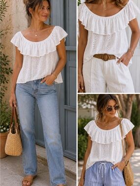 Eri + Ali White Eyelet Ruffle Blouse | Anthropologie | Small Petite